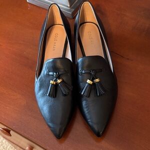 Cole Haan Black Leather Pointed Tassel Loafers